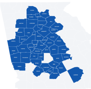 True-Loo portable restroom rental service area map covering 45 counties across North and Central Georgia